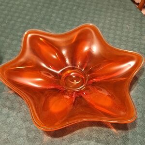 Elegant Reddish Orange Hand Blown Shallow Glass Art Bowl/Platter Flower Design